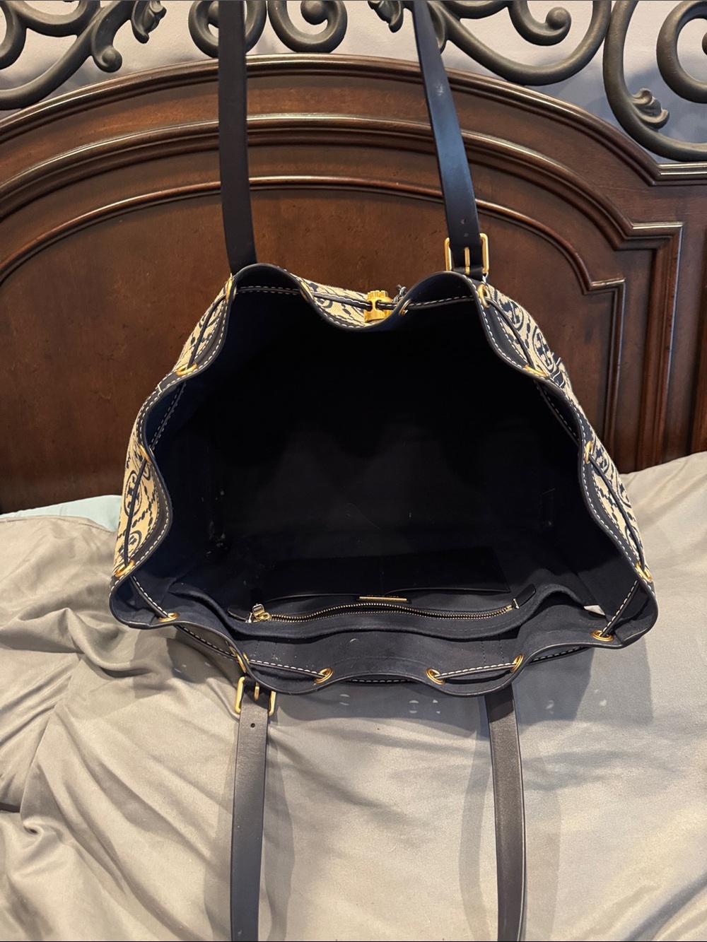 Tory Burch Navy and Beige Logo Canvas Drawstring Tote with Leather Trim - Picture 4 of 11